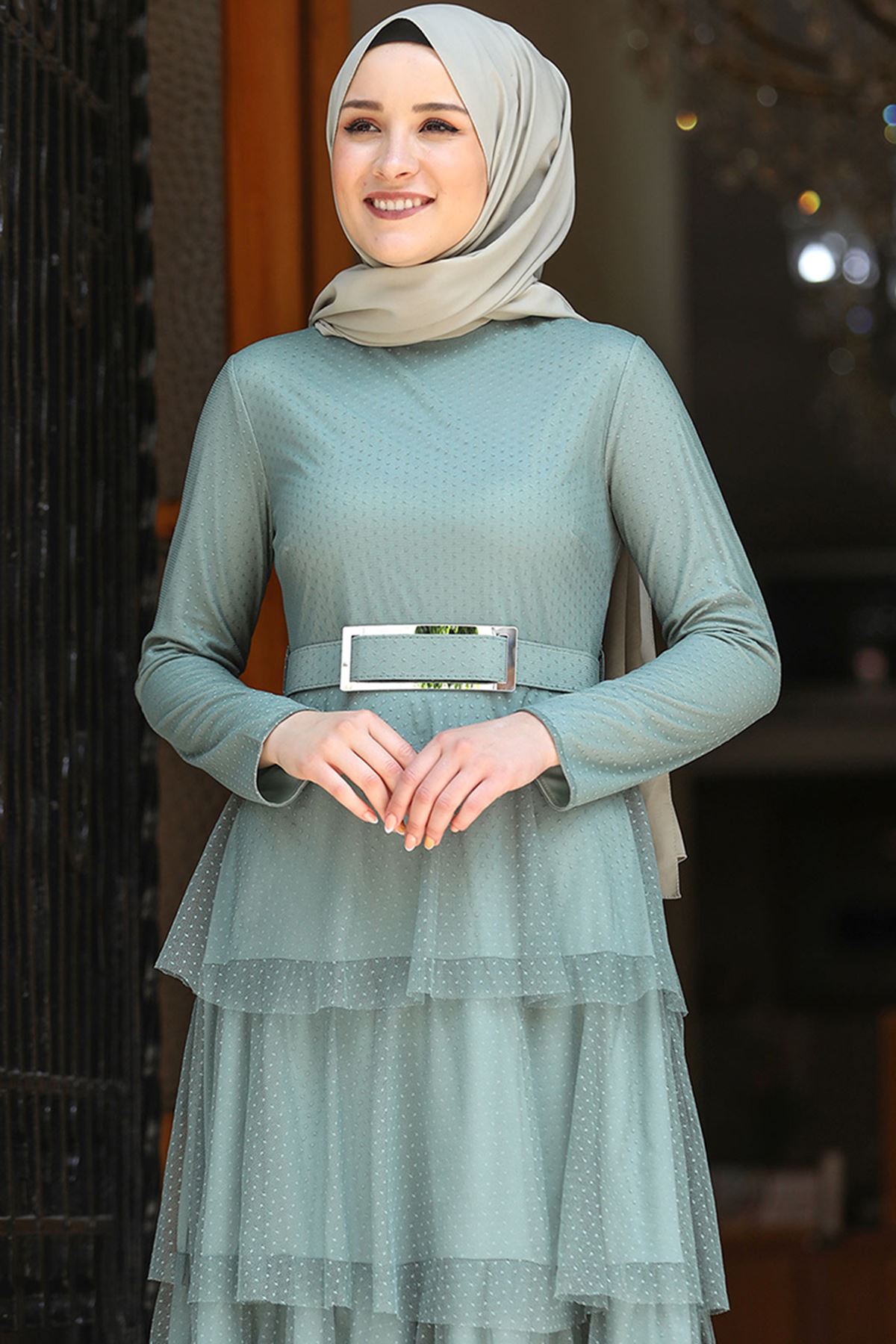 Amine Hüma Aden Abiye Elbise Çağla Yeşili AMİ1048