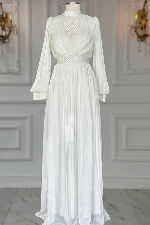 Efser Abiye Elbise Ekru AMİ3620