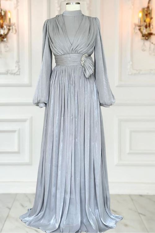  Feray Abiye Elbise Gri AMİ3621